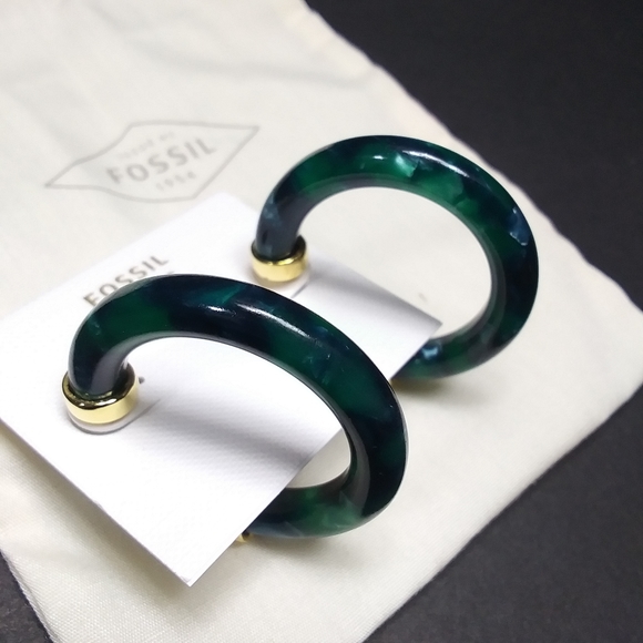 FOSSIL Green "Marble" Post Hoops w/ Gold Accents NWT - Picture 5 of 12